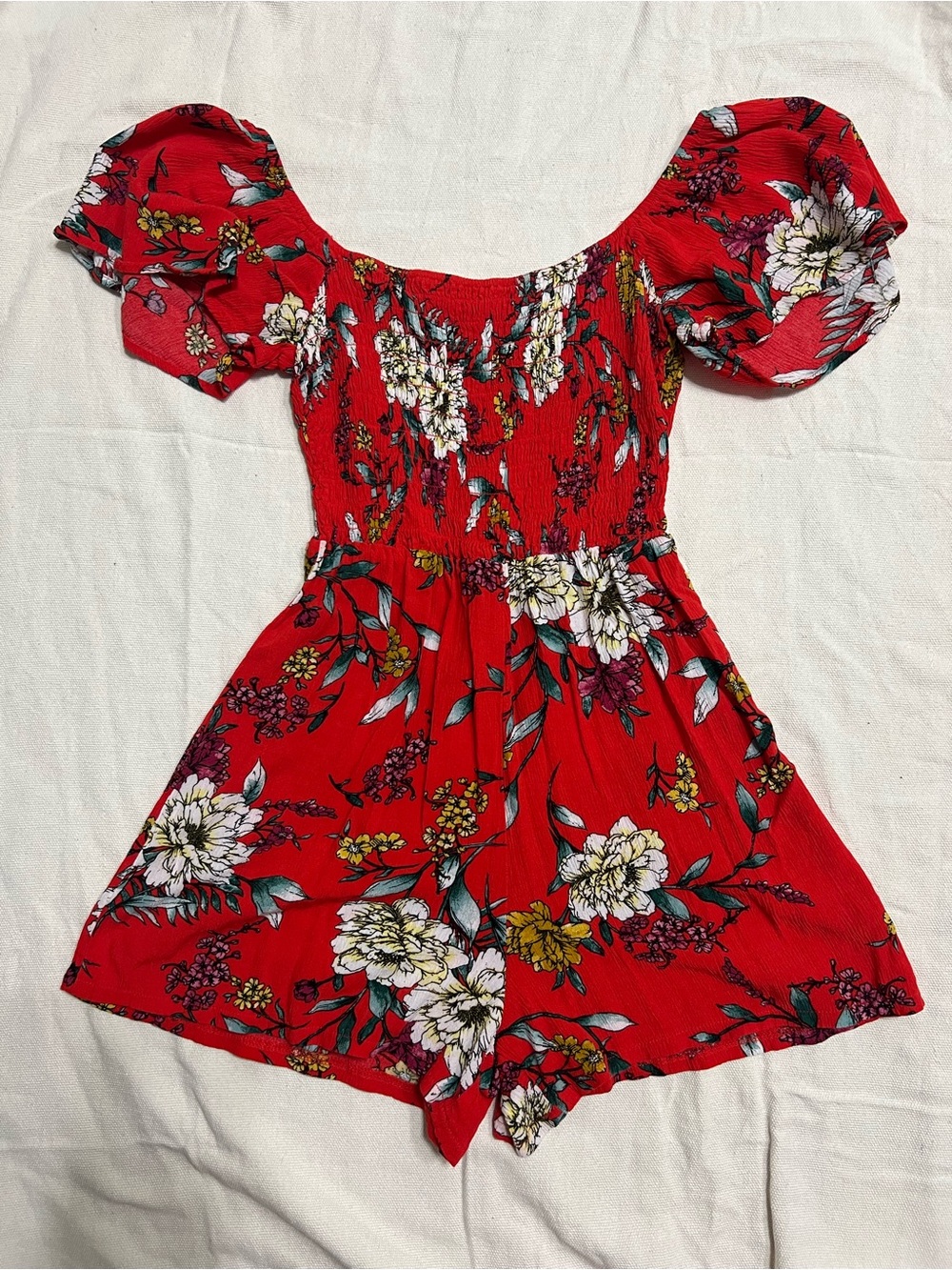 Lily Rose Red Floral Off Shoulder Romper Sz XS Boho Festival Summer Beachy
